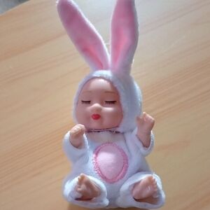 Adorable Bunny Baby Doll in Pink and White Pajamas Set, New